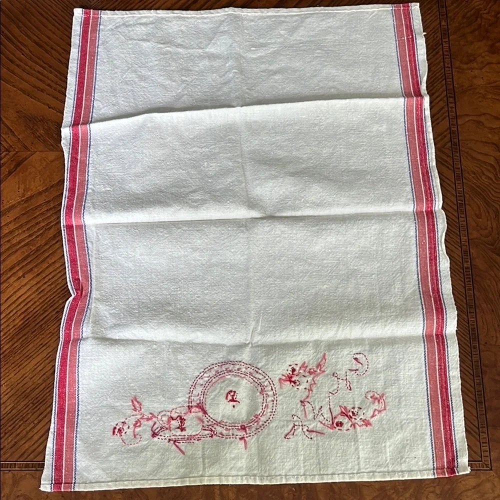 Embroidered China Tea Towel Cream Red and Pink